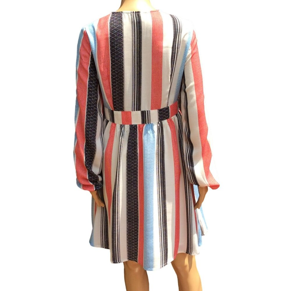 AMT Size M Long Puff Sleeve Dress Gypsy Boho Retro V-Neck Tassel Lace-up Striped - Picture 3 of 13